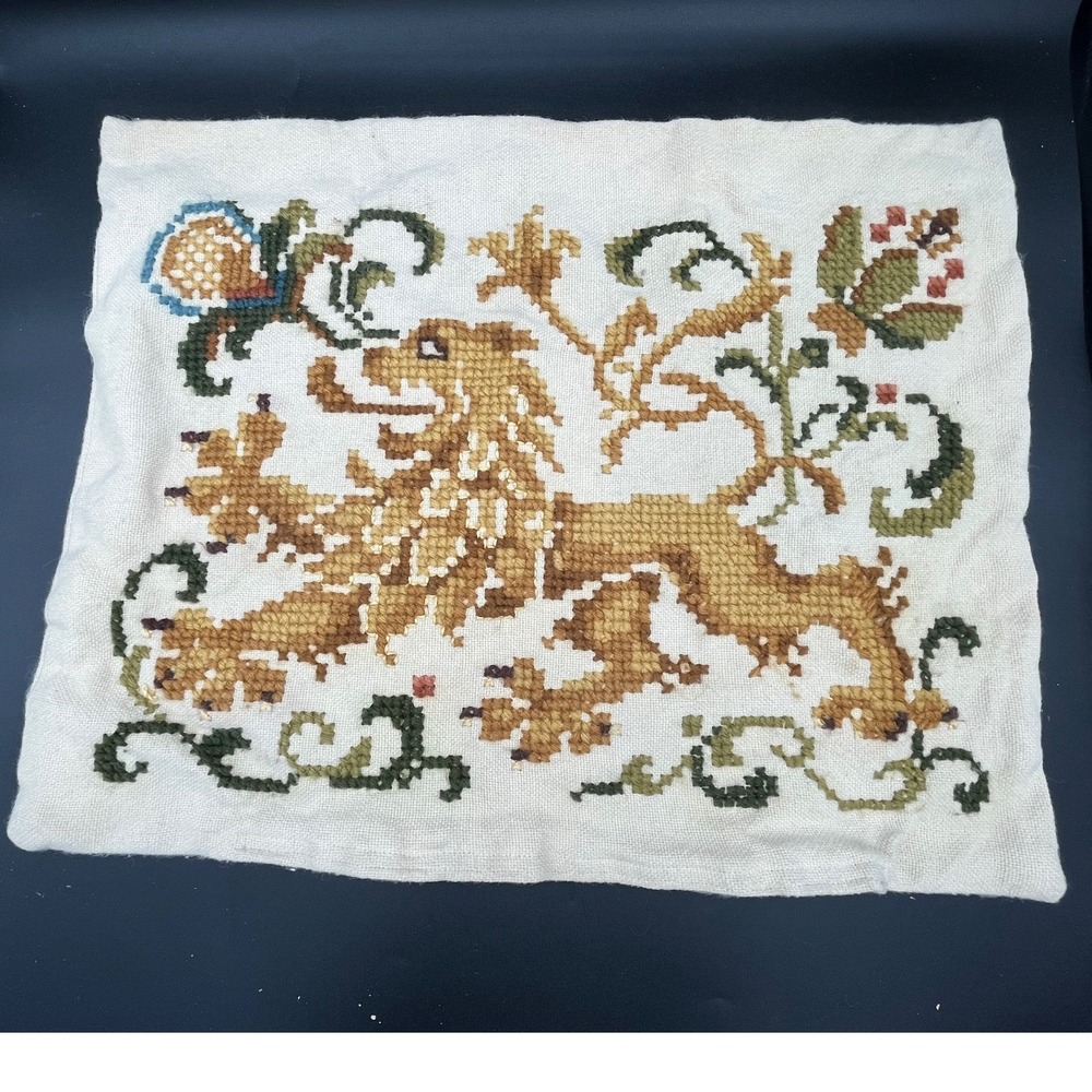 Vintage Cross stitch Lion Rampant Pillow Cover Gold Green Heraldic Crest